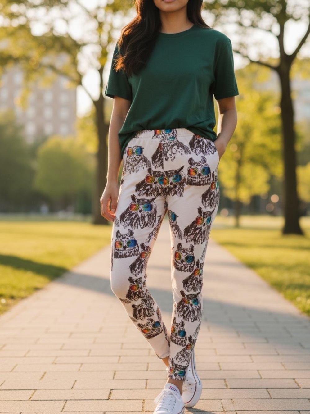 Owl Sunglasses Print LEGGINGS — Cream with Multicolor Accent